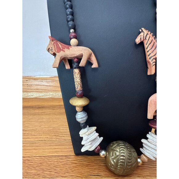 Vintage Safari Animal Themed Beaded Necklace With Brass Sphere Pendant Fetish - Picture 4 of 6